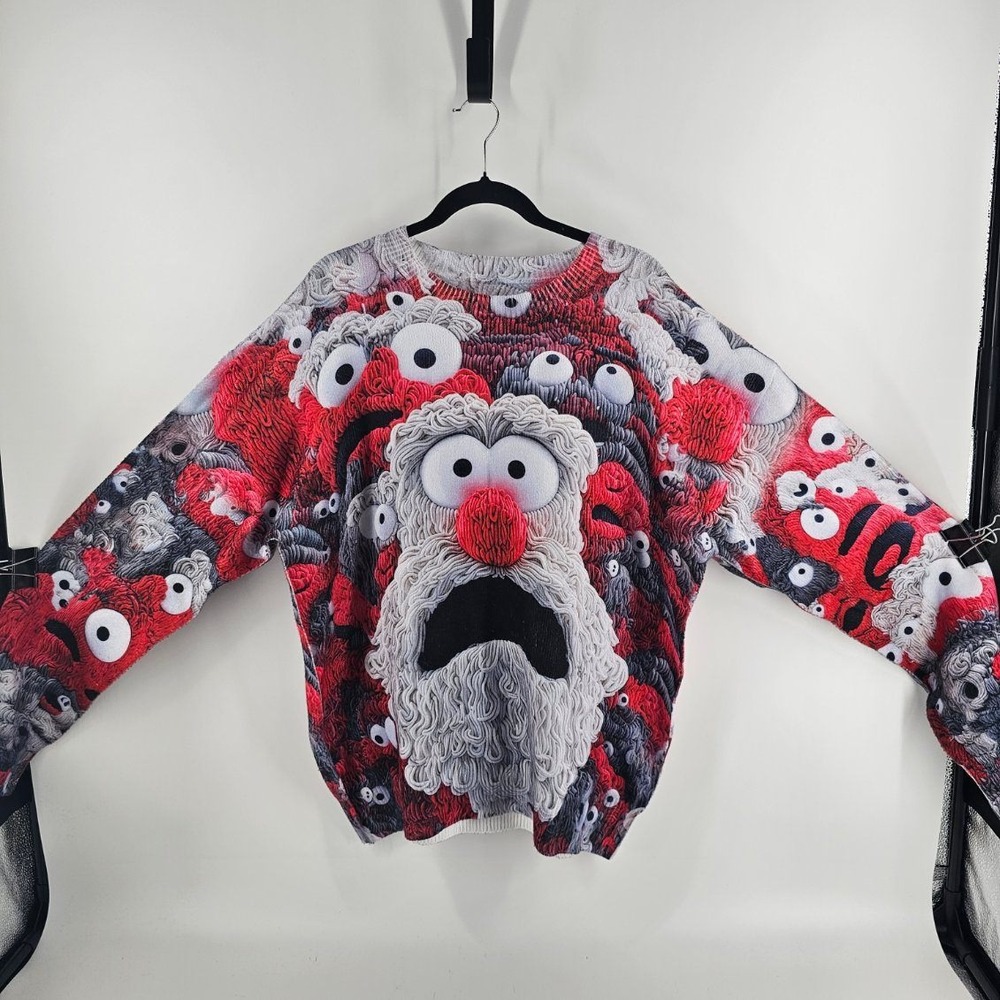 Men's Ugly Holiday Christmas Large Red Monster Graphic Sweater Crewneck
